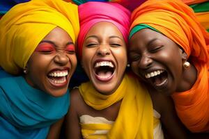 ai generiert afrikanisch Frauen lächelnd zusammen Vielfalt Konzept mit generativ ai foto
