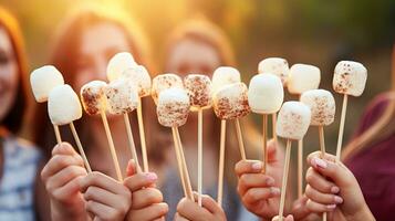 ai generiert schließen oben von Hände Braten Marshmallows auf Stock im das Wärme von ein Abend Lagerfeuer foto