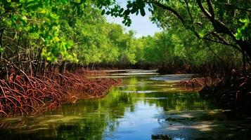 ai generiert Erhaltung Mangrove Sumpf Landschaft foto