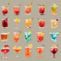 ai generiert Cocktail Cocktail Getränke Sammlung Illustration Wasser Farbe einfach Hintergrund foto