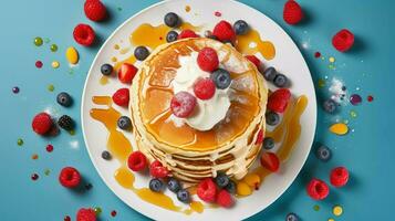 ai generiert köstlich Sirup Pfannkuchen Essen foto