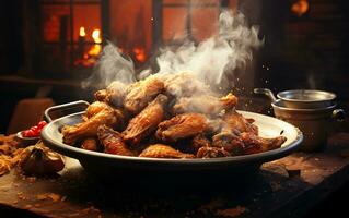 ai generiert Rauch gegrillt köstlich Fleisch mit Hähnchen Flügel auf ein Teller foto