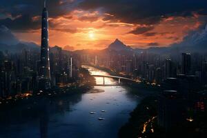 ai generiert Panorama- Aussicht Sonnenuntergang Stadt mit Fluss foto