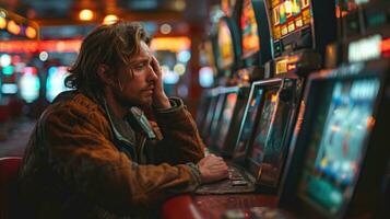 ai generiert Kasino, Glücksspiel, Unterhaltung und Menschen Konzept - - schließen oben von traurig jung Mann spielen Slot Maschine beim Nacht. foto