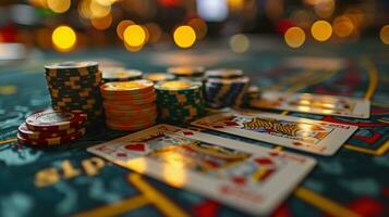 ai generiert Kasino Glücksspiel Chips und Karten auf das Hintergrund von Bokeh. foto