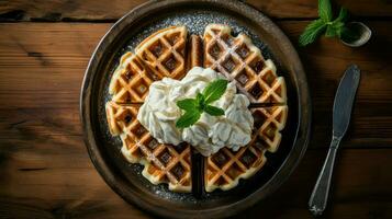 ai generiert Frühstück Teller Waffel Essen foto