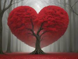 ai generiert rot Herz geformt Baum 3d rot Liebe Valentinsgrüße Tag foto
