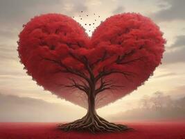 ai generiert rot Herz geformt Baum 3d rot Liebe Valentinsgrüße Tag foto