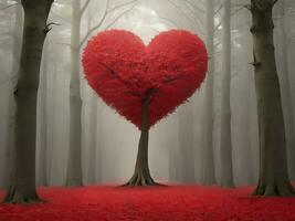 ai generiert rot Herz geformt Baum 3d rot Liebe Valentinsgrüße Tag foto