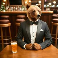 ai generiert Bär gekleidet im ein festlich Urlaub passen , Sitzung beim ein Tabelle im ein Bar. anthropomorph Tiere. generativ ai. foto