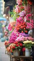 ai generiert modern Straße Blumen- Basar auf asiatisch Stil. Vielfalt von frisch, beschwingt Blumen angezeigt zum Verkauf beim draussen Markt. Ideal zum Blumen- Geschäft Aktionen oder Anzeige. Vertikale foto