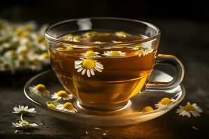 ai generiert Tasse von Tee mit Kamille Blumen auf rustikal hölzern Hintergrund. neural Netzwerk ai generiert foto