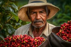 ai generiert Farmer halten Korb von Beeren. neural Netzwerk ai generiert foto