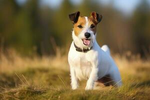 ai generiert glücklich Jack Russell Terrier Haustier Hund warten, Hören im das Gras. ai generiert foto