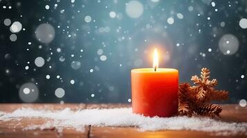 ai generiert festlich Kerzenlicht im Winter Schnee, Neu Jahr Hintergrund, Kopieren Raum foto