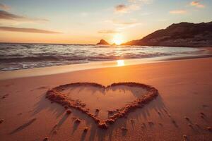 ai generiert Herzen gestalten im das Sand beim das Strand von Sonnenuntergang warm Licht. foto