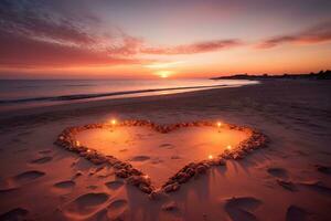 ai generiert Herzen gestalten im das Sand beim das Strand von Sonnenuntergang warm Licht. foto