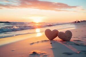 ai generiert Herzen gestalten im das Sand beim das Strand von Sonnenuntergang warm Licht. foto