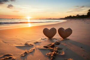 ai generiert Herzen gestalten im das Sand beim das Strand von Sonnenuntergang warm Licht. foto