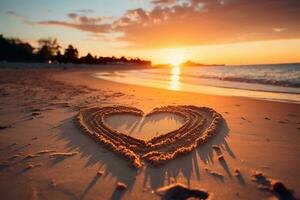 ai generiert Herzen gestalten im das Sand beim das Strand von Sonnenuntergang warm Licht. foto