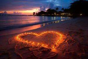 ai generiert Herzen gestalten im das Sand beim das Strand von Sonnenuntergang warm Licht. foto