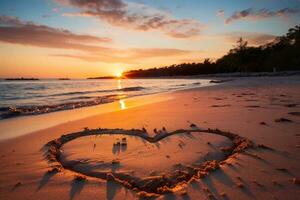 ai generiert Herzen gestalten im das Sand beim das Strand von Sonnenuntergang warm Licht. foto