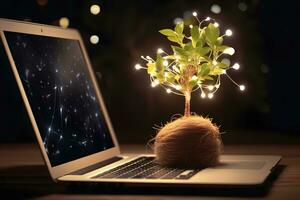 ai generiert ein Baum wächst von ein Laptop. Grün Information Technologie. neural Netzwerk ai generiert foto
