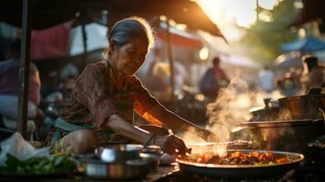 ai generiert thailändisch Frau Kochen Essen auf das Straße. asiatisch thailändisch lokal Straße Essen foto