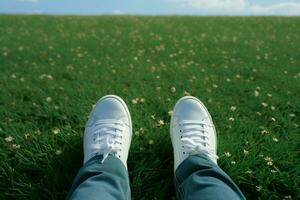 ai generiert Frühling Selfie Füße im Weiß Turnschuhe auf Grün Gras Hintergrund foto