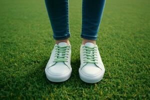 ai generiert Frühling Selfie Füße im Weiß Turnschuhe auf Grün Gras Hintergrund foto