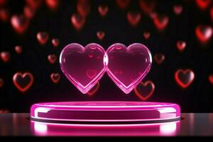 ai generiert Valentinsgrüße Glanz Neon- Herzen, Rosa Podium gegen dunkel reflektierend Hintergrund foto