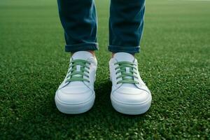 ai generiert Mode Lebensstil Füße im Weiß Turnschuhe auf üppig Grün Gras foto