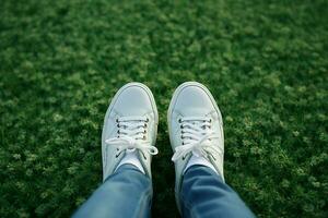 ai generiert Frühling Selfie Füße im Weiß Turnschuhe auf Grün Gras Hintergrund foto
