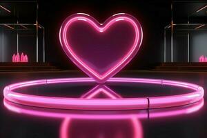 ai generiert Valentinsgrüße Eleganz Neon- Herz Umrisse, Rosa Podium im reflektierend Rahmen foto