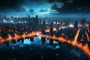 ai generiert futuristisch Konnektivität manipuliert Stadt mit Digital Netzwerk Linien zum Metaverse foto