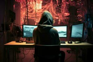 ai generiert faszinierend Cyber Handlung weiblich Hacker Verstöße Server, führt aus Cyberangriffe, Identität Diebstahl foto