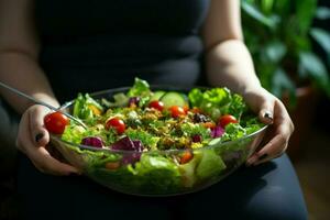 ai generiert Diät Lebensstil Veränderung Übergewicht Frau optiert zum frisch hausgemacht Salat foto
