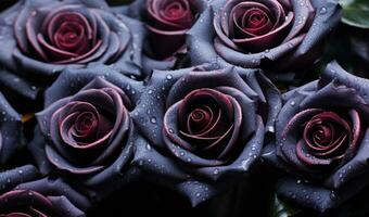 ai generiert dunkel rot Rosen mit Wasser Tau Tropfen foto