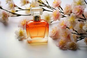 ai generiert feminin Raffinesse Parfüm Flaschen und Blumen verbessern ein Weiß Hintergrund foto