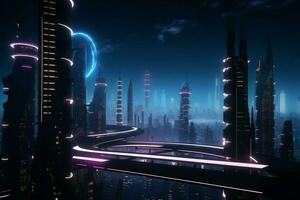 ai generiert zauberhaft sci fi Stadtbild, 3d gerendert mit blendend Cyberpunk Ästhetik foto