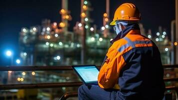 ai generiert Ingenieurwesen Arbeiten halt Clever Tablette im das Öl und Gas Industrie beim Nacht , Treibstoff und Leistung Generation, petrochemisch Fabrik Industrie Hintergrund , ai generativ foto