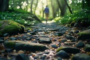 ai generiert schließen oben ein Person Füße Gehen auf Felsen , Gehen auf ein Weg im das Wald , Reise Konzept, ai generativ foto