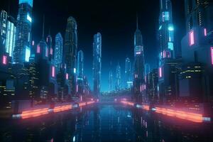 ai generiert futuristisch 3d machen Cyber Nacht Stadtbild mit fesselnd Helligkeit foto