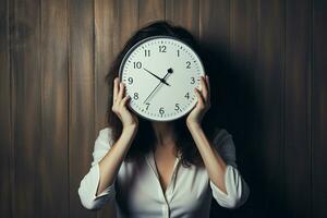 ai generiert Geschäft Frau versteckt sich Gesicht hinter Uhr, symbolisch von Zeit Druck foto