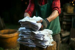 ai generiert ökologisch freundlich Mann hält gebunden Stapel, vorbereiten benutzt Papier zum Recycling foto