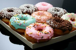 ai generiert Donuts im reizvoll Präsentation nach kreativ Verbesserungen und bearbeitet foto