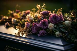 ai generiert Beerdigung Tribut Blumen vorgestellt auf ein Sarg, bedeuten Erinnerung foto