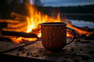 ai generiert nordisch Ruhe Kaffee Tasse leuchtet durch das Wildnis Lagerfeuer foto