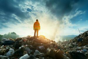 ai generiert ökologisch Ingenieur konfrontiert ein Berg von degradiert Abfall und Müll foto
