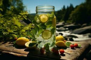 ai generiert Sommer- Frische Natur inspiriert trinken, Essen, Wasser, Grün, und Eis foto